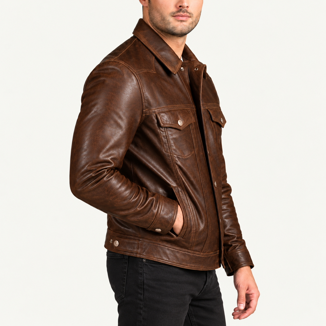 Men's Vintage Brown Leather Trucker Jacket – Classic Button-Front Design Gallery